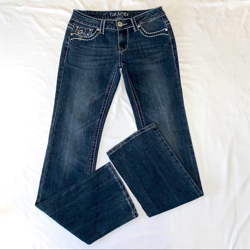 Grace in LA Denim Blue Jeans EUC Bling pocket 27